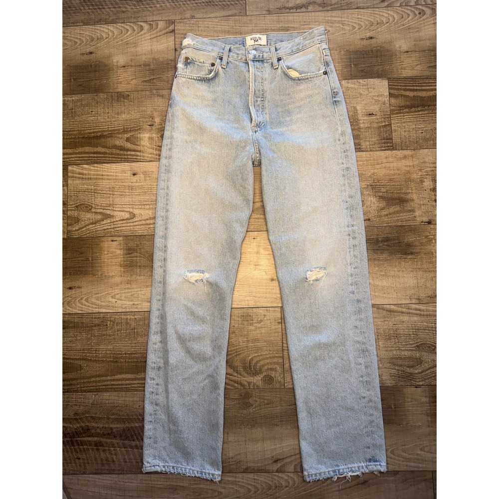 AGOLDE High Rise Straight Leg Jeans Light Wash Blue Distressed 25